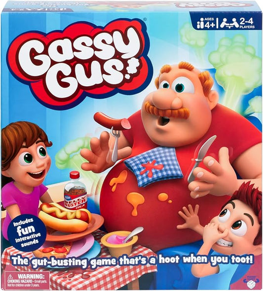 Gassy Gus, The interactive gut-busting game that's a hoot when you toot! Feed Gus gassy foods, but watch out for the big blast of gas! Packed with hilarious sounds, it's Ideal for 2-4 players ages 4+ MooseGames