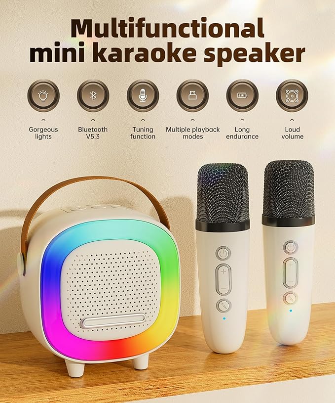 Mini Karaoke Machine Speaker for Kids Adults, Portable Bluetooth with 2 Wireless Microphones, Children's Day Birthday Gift Ideas for Toys for Teens Boys and Girls Aged 4, 5, 6, 7, 8, 9, 10, 11, 12+ Kick Boosters