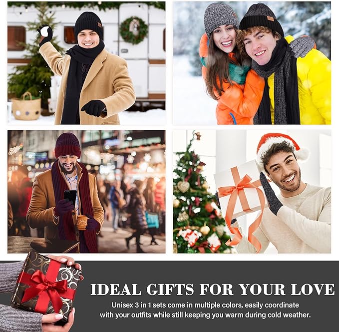 FZ FANTASTIC ZONE Mens Winter Knit Hat Beanie Long Neck Scarf Touchscreen Gloves Set Fleece Skull Caps Gifts for Men Women FZFANTASTICZONE