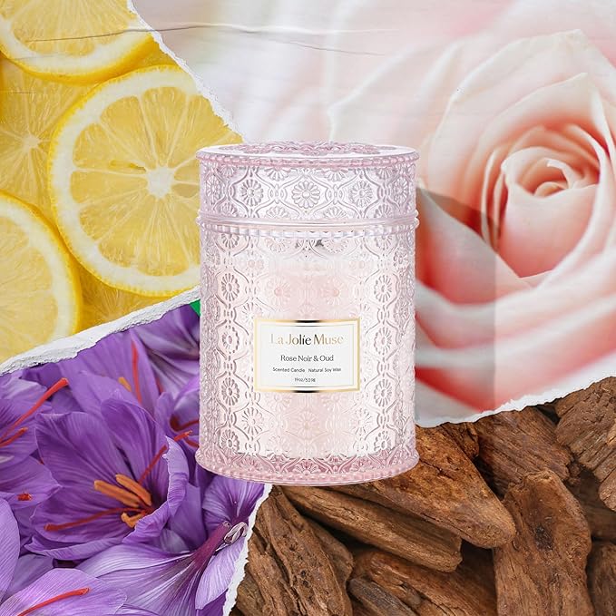 LA JOLIE MUSE Rose Noir & Oud Scented Candle – Lemon, Rose & Oud |19 oz Large Wooden Wick Candle | Natural Soy Wax | 90 Hours Clean Burn | Gift-Ready for Hosts & Gatherings | Elegant Home Décor LaJol%C3%ADeMuse