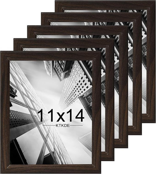 KTKDE 11x14 Picture Frame Set of 5,Walnut Wooded Shatter Resistant Glass, Vertical & Horizontal Wall Hanging for Wall Display,Studio Gallery Photo Frame for Photos, Posters & Art Prints KTKDE