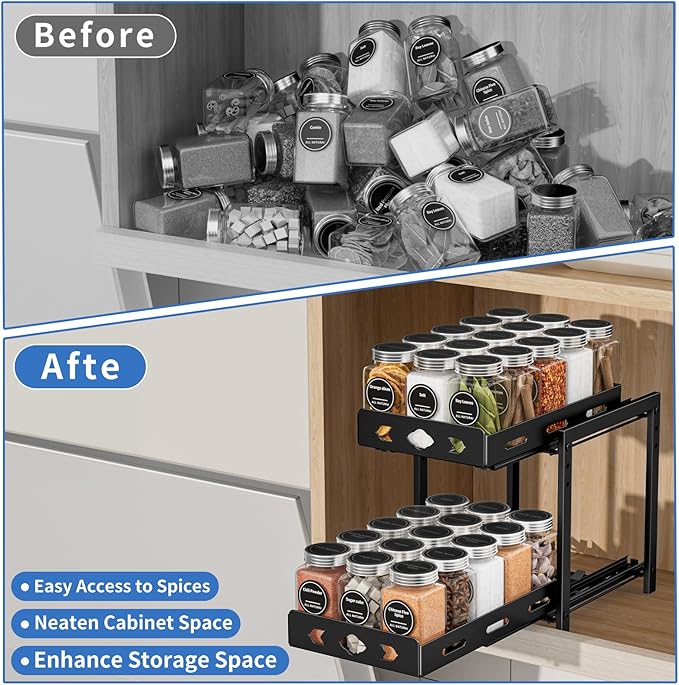 Pull Out Spice Racks for Inside Cabinets, 2-Tier Cabinet Spice Rack Organizer, Height Adjustable Vertical Spice Rack for Kitchen Cabinet (7.5''Wx10.8''Dx9.2''H, Metal Black) BOIVSHI