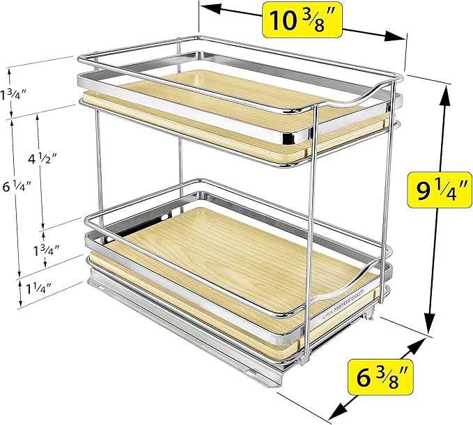 LYNK PROFESSIONAL® Élite™ Pull Out Spice Rack Organizer for Inside Kitchen Cabinets - 6-3/8 inch Wide - Slide Out Drawer – Wood/Chrome Sliding Spice Cabinet Organization Shelf Racks - 2 Tier LYNKPROFESSIONAL