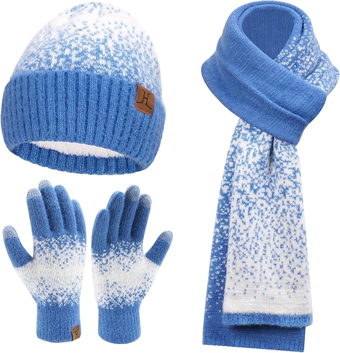 Womens Winter Knit Beanie Hats and Touchscreen Gloves Long Scarf Set with Warm Fleece Lined Skull Caps Scarves for Women FZFANTASTICZONE