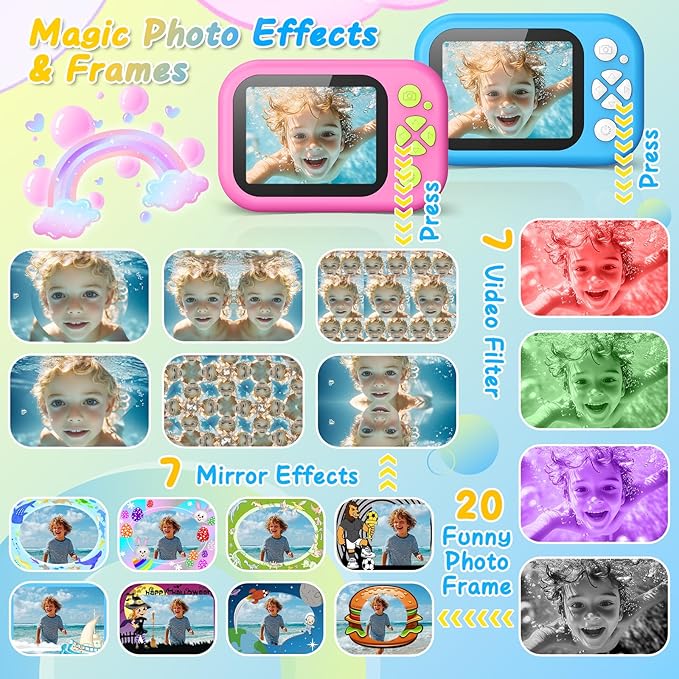 Kids Waterproof Camera, 1080P HD Underwater Digital Camera for Kids Aged 3-12, IP68 Swimming & Snorkeling Toy, ABS Plastic, 32GB Card, Birthday Gift for Children Boys Girls, Blue Kick Boosters