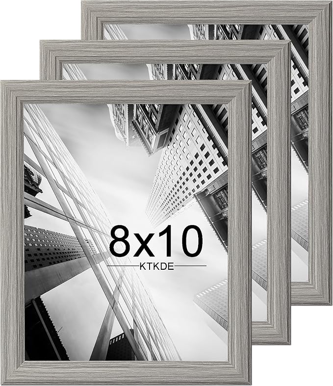 KTKDE 8x10 Picture Frame Set of 3,Grey Wooded Shatter Resistant Glass, Vertical & Horizontal Wall Hanging for Wall or Tapletop Display,Studio Gallery Photo Frame for Photos, Posters & Art Prints KTKDE