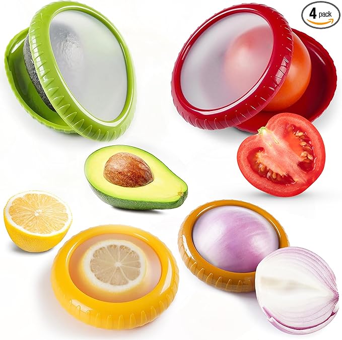 Set of 4 Food Popz Storage Containers | Fruit and Vegetable Anti-Oxidation Storage Box for Avocado, Onion, Lemon & Tomato | Fresh Pod Reusable Fruit Antioxidant Storage for Fridge | BPA-Free Box Doublewave