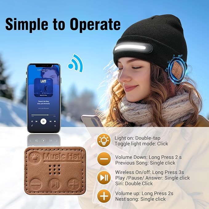 LED Beanie Hat with Bluetooth-Tech Gifts for Men and Women, Wireless Hat Beanie Cap Headlamp Music hat Atapeas