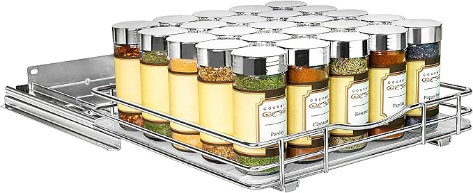 LYNK PROFESSIONAL® Pull Out Spice Rack Organizer for Inside Kitchen Cabinets - 10-3/8 inch Wide - Slide Out Drawer – Chrome Sliding Spice Cabinet Organization Shelf Racks - 1 Tier LYNKPROFESSIONAL