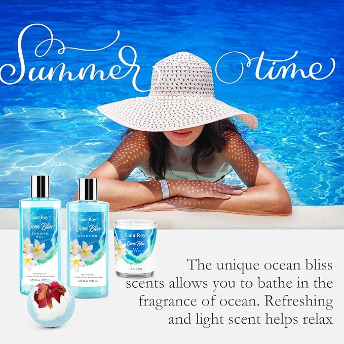 Bath & Body Gift Set, Bath Basket Spa kit Gifts for Her Him Birthday Gifts for Women, Luxury Home Spa Kit, 8pcsChristmas Gifts for Women Ocean Vanilla, Spa Gift Baskets, Unique Mother's Day Gifts SaintRoy