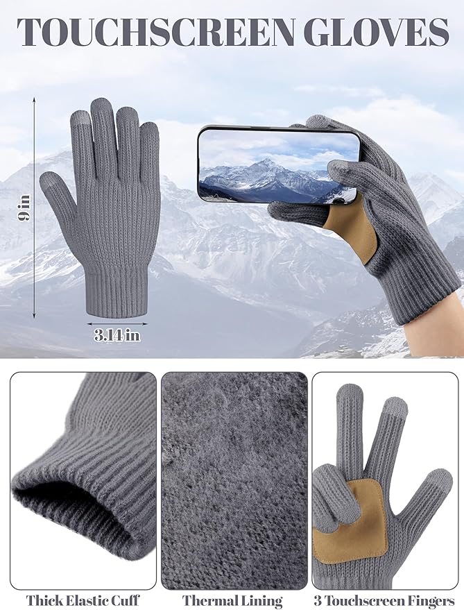 LOROME Women Winter Beanie Hat Scarf Gloves Set, Fleece Knitted Pompom Hat Warm Neck Scarf Touchscreen Gloves Winter Gift LOROME