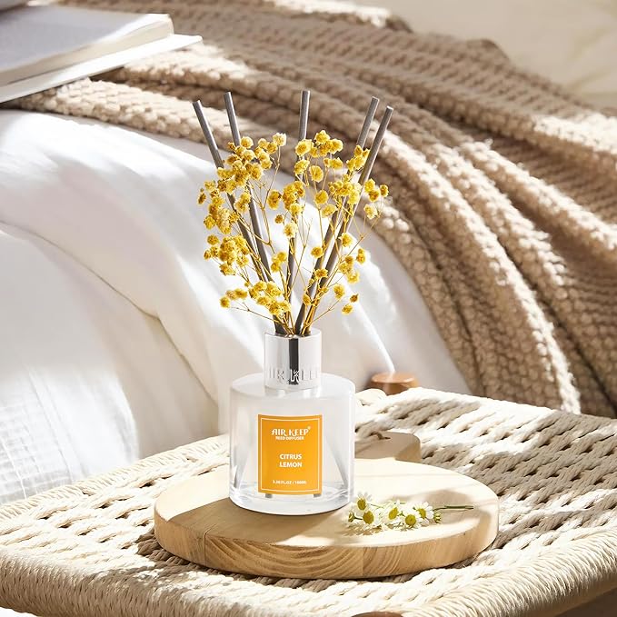 Airkeep Reed Diffuser Set,3.38 fl oz (100 ml) - Citrus Lemon Oil Diffusers with 8 Reed Sticks, Home Fragrance Reed Diffuser for Bathroom Shelf Decor Airkeep