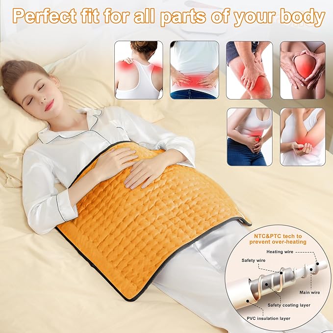 Deepsoon Heating Pad,Electric Heating Pads for Back,Neck,Abdomen,Moist Heating Pad for Shoulder,Knee,Arms,Legs,Dry/Moist Heat & Auto Shut Off,Birthday Gifts for Men and Women,Orange Black,24x20 Inch Deepsoon
