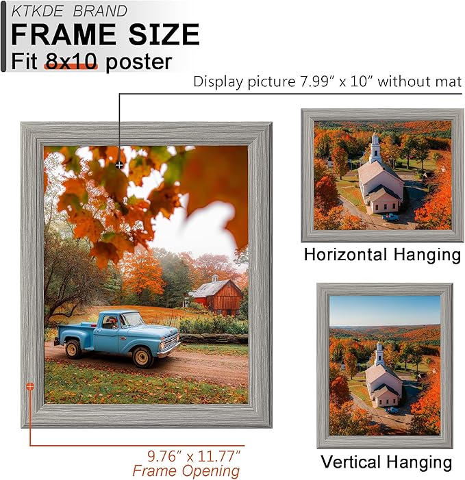 KTKDE 8x10 Picture Frame Set of 5 Grey Wooden Shatter Resistant Glass, Vertical & Horizontal Wall Hanging for Wall or Tapletop Display,Studio Gallery Photo Frame for Photos, Posters & Art Prints KTKDE