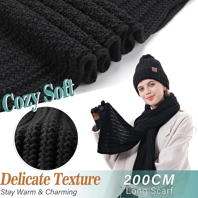 Womens Winter Warm Beanie Hat Long Neck Scarf Touchscreen Gloves Set Knit Skull Caps Pompom Fleece Gifts FZFANTASTICZONE