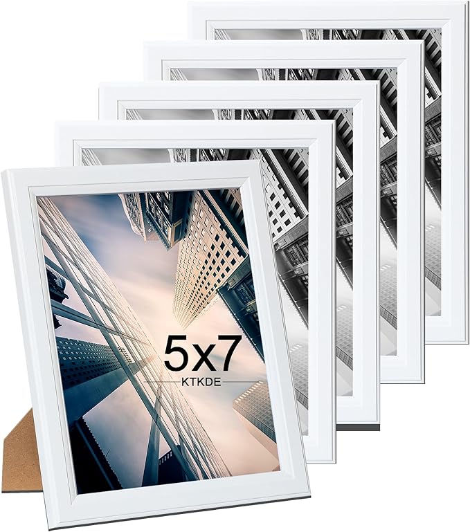 KTKDE 5x7 Picture Frame Set of 5,White Wooden Shatter Resistant Glass, Vertical & Horizontal Wall Hanging for Wall or Tapletop Display,Studio Gallery Photo Frame for Photos, Posters & Art Prints KTKDE