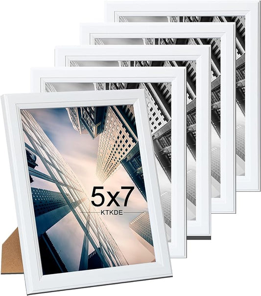 KTKDE 5x7 Picture Frame Set of 5,White Wooden Shatter Resistant Glass, Vertical & Horizontal Wall Hanging for Wall or Tapletop Display,Studio Gallery Photo Frame for Photos, Posters & Art Prints KTKDE