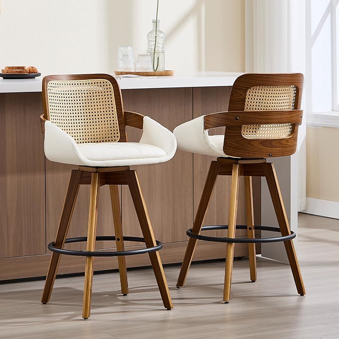 Swivel Bar Stools Set of 2, Faux Leather Counter Height Bar Stools with Arms and Rattan Back, 26" Seat Height Upholstered Bar Chairs with Bentwood Frame for Kitchen Island Bar - Beige VipDesk