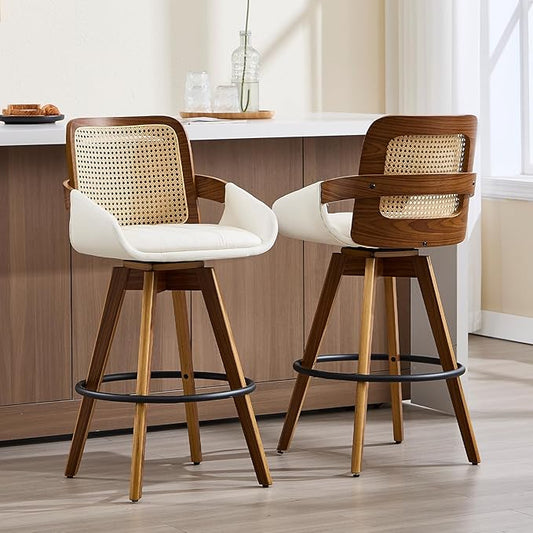 Swivel Bar Stools Set of 2, Faux Leather Counter Height Bar Stools with Arms and Rattan Back, 26" Seat Height Upholstered Bar Chairs with Bentwood Frame for Kitchen Island Bar - Beige VipDesk
