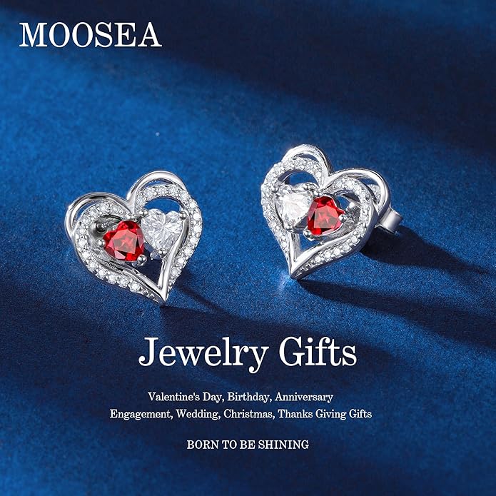 MOOSEA Christmas Gifts for Women - 925 Sterling Silver Heart Earring Anniversary Birthday Gifts for Women Wife Girlfriend Mom Birthstone Moissanite Jewelry Gift MOOSEA