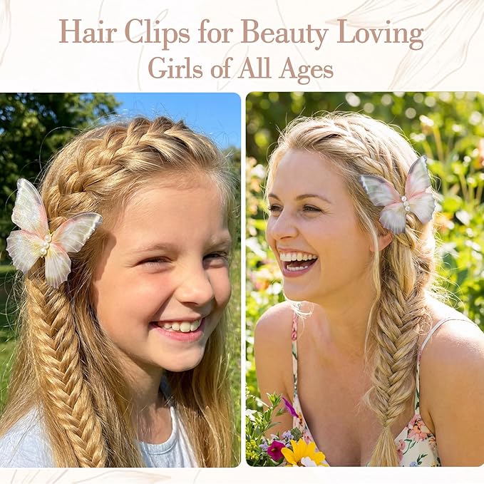 2Pcs Butterfly Hair Clips, Pearl Double Mesh Butterfly Clips, Moving Wings Butterflies Hair Barrette, Strong Hold Metal Butterflies Hairs Clip Fairy Accessories for Women Girls Kick Boosters