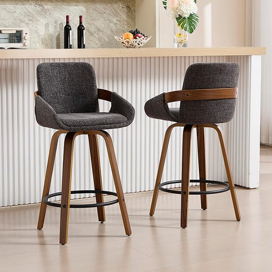 26 inch Modern Bar Stools Set of 2, Walnut Wood and Fabric Bar Chair, 360° Swivel Seat, Stylish and Comfortable Barstool for Kitchen, Bar Counter, Dining Area - Charcoal Grey VipDesk