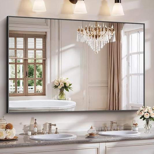 YIROMAN Bathroom Mirror 60"x40", Large Matte Black Bathroom Mirror for Over Sink with Aluminum Frame, Rectangular Vanity Mirror with Right Angle, Wall Mirror Hangs Horizontal or Vertical, Shatterproof Kick Boosters