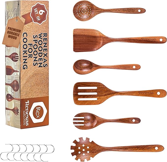 Wooden Spoons for Cooking Utensils, Natural Teak Wooden Cooking Spoons with Nonstick Spatula Set, Bamboo Kitchen Utensils With Holder, Wood Spoon Set for Kitchen Essentials (6) Renexas