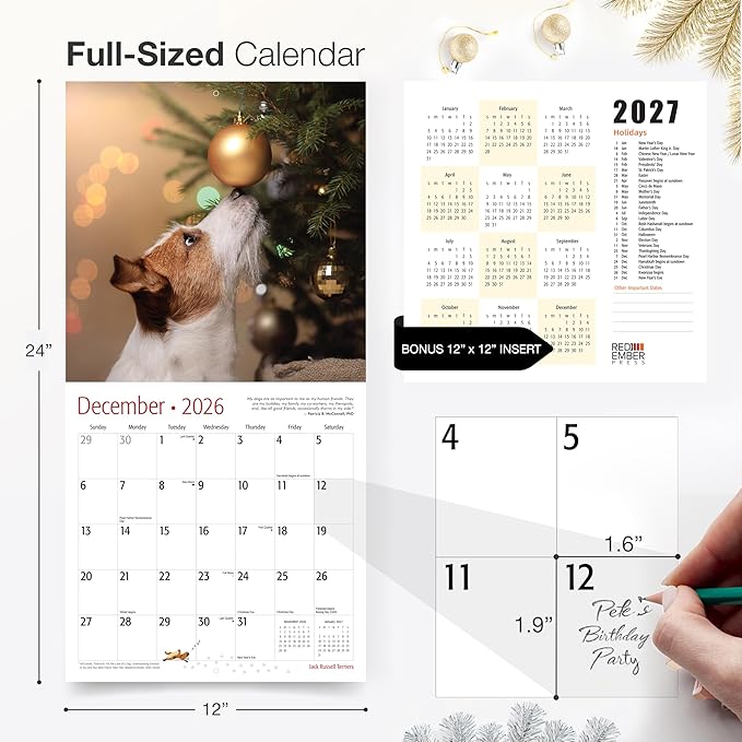 RED EMBER Jack Russell Terriers 2026 Wall Calendar 12 Month | 12" x 24" Open | Thick & Sturdy Paper | Holiday Gift | Cute Puppy Dog Calendar 2026
