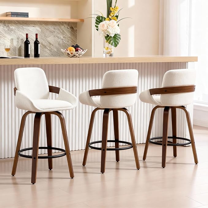 Beige Fabric Swivel Bar Stools with Back, Walnut Bentwood Mid-Century Design, Modern Set of 3 Bar Chairs with Curved Back and 360° Swivel, Ideal for Home Bars, Kitchens, Dining Spaces VipDesk