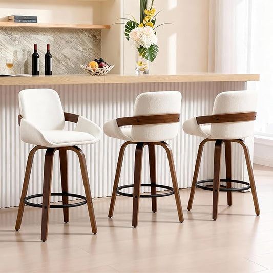 Beige Fabric Swivel Bar Stools with Back, Walnut Bentwood Mid-Century Design, Modern Set of 3 Bar Chairs with Curved Back and 360° Swivel, Ideal for Home Bars, Kitchens, Dining Spaces VipDesk