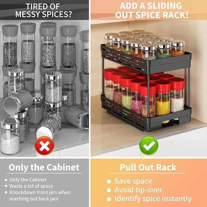 Pull Out Spice Rack Organizer for Cabinet, 2 Pack Widen Slide Out Spice Racks Organizer, Spice Cabinet Organizers, Cabinet Size Need:12'' Highx11'' Deepx6.75'' Wide,Hold 15 Spice Jar Each Tier-2Tier DABIGE