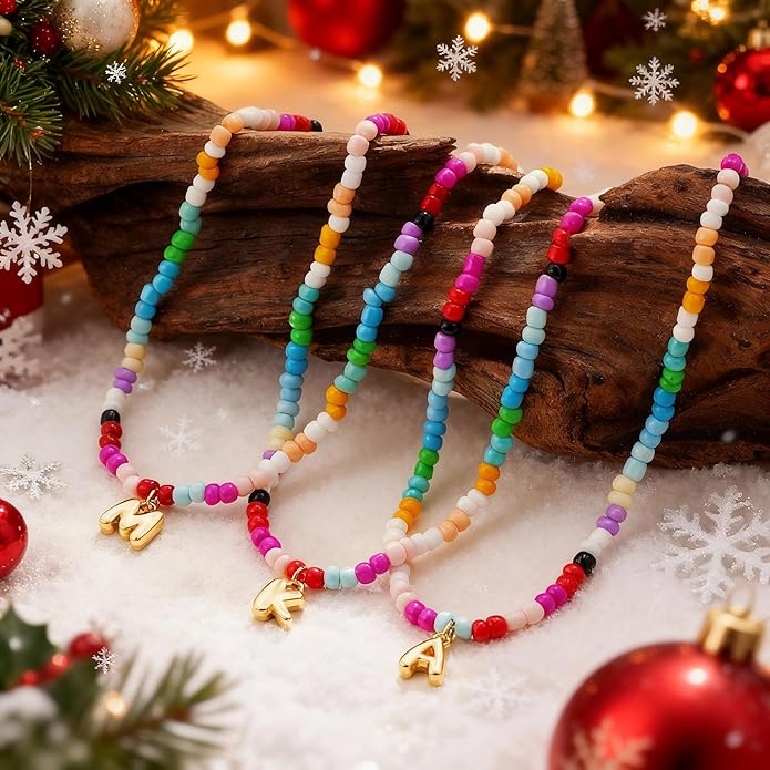 Christmas Gifts for Grandkids Teens Girls - Bubble Colorful Initial Necklaces for Women Teen Girl Trendy Stuff Beaded Initial Necklace Birthday Gifts Stocking Stuffers for Teen Girls Women Maxcate