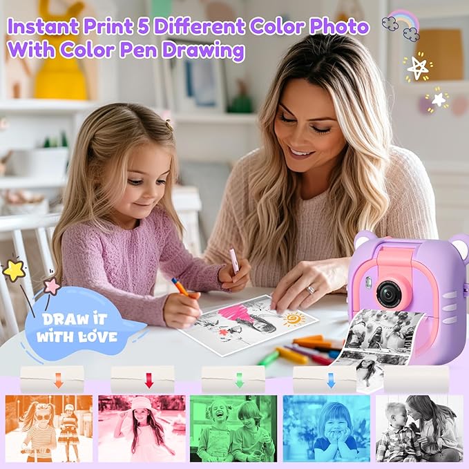 Kids Camera Instant Print, 7 Print Paper (4 Color: O/R/G/B+3 B&W), 2.4" Screen Instant Camera for Kids Ages 3-12,1080P, 180°Flip Lens,32GB Card- Christmas Birthday Present for Boys & Girls,M2 ARNSSIEN