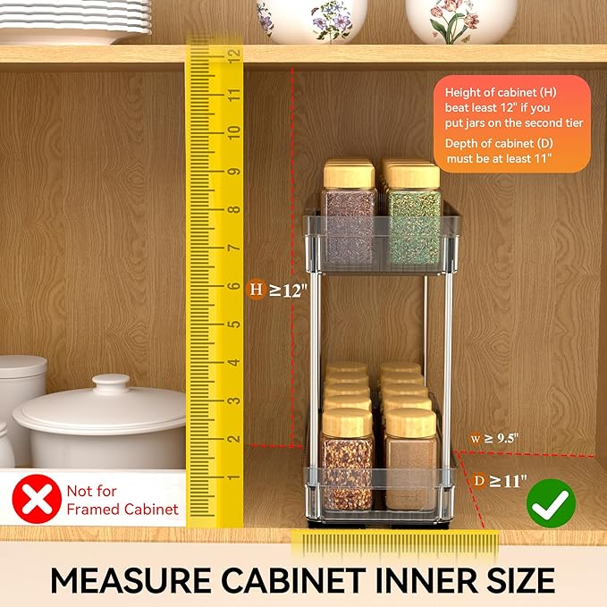2 Pack Pull Out Spice Rack Organizer for Cabinet, 2 Tier Slide Out Spice Racks Organizer, Spice Cabinet Organizers, Cabinet Size Need:12'' High x 11'' Deep x 5'' Wide, Clear Acrylic DABIGE
