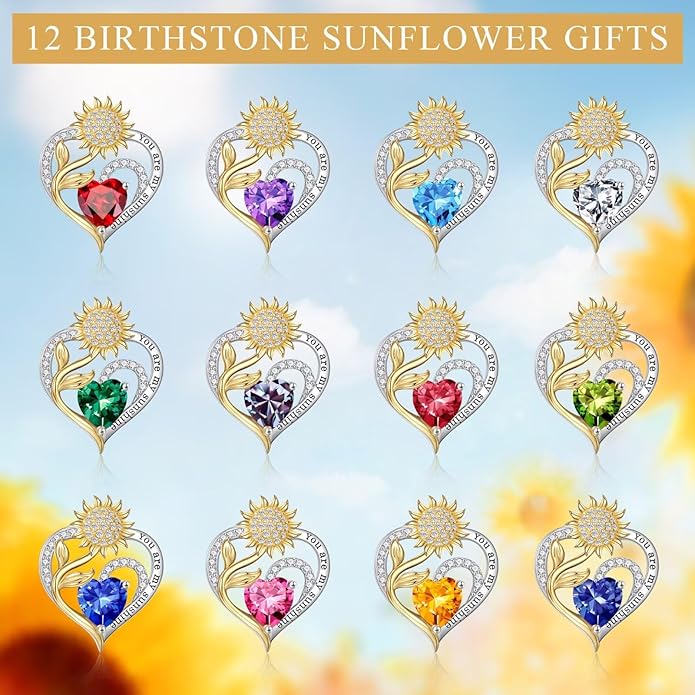 Iefil Christmas Gifts for Women Wife - Sunflower Birthstone Necklace for Women, Anniversary Birthday Gifts 925 Sterling Silver Heart Pendant You Are My Sunshine Jewelry for Girlfriend Mom Daughter IEFIL