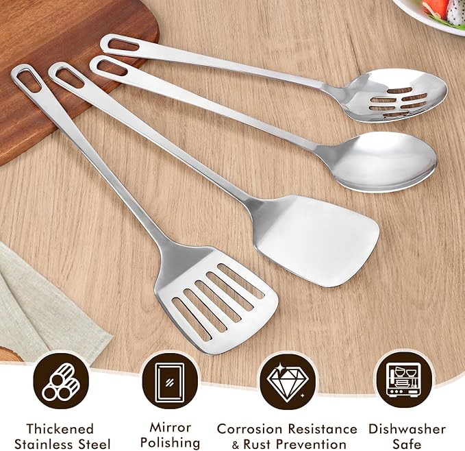 4 Pcs Cooking Utensils Set, Stainless Steel Kitchen Utensils, Heat Resistant Metal Kitchen Tools Include Solid & Slotted Turner Wok Spatula, Serving Spoon, Ergonomic Handle, Easy to Clean, Silver Kick Boosters