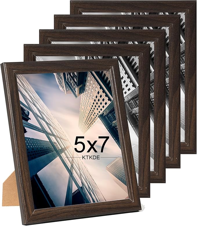 KTKDE 5x7 Picture Frame Set of 5,Walnut Wooded Shatter Resistant Glass, Vertical & Horizontal Wall Hanging for Wall or Tapletop Display,Studio Gallery Photo Frame for Photos, Posters & Art Prints KTKDE