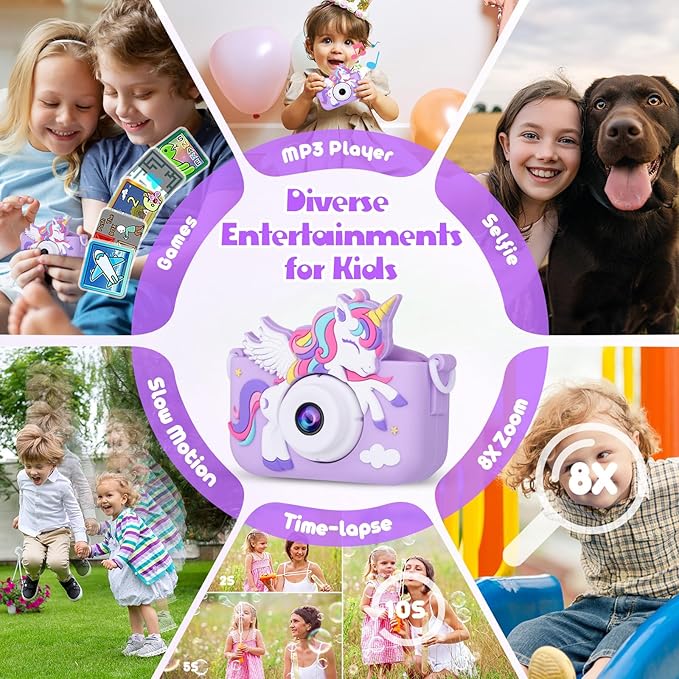 Kids Camera Unicorn Toys for Girls, Digital Camera for Kids Age 3-8 Toddler Travel Toys, Birthday Gift for Girls 3 4 5 6 7 8 Year Old Christmas, HD 1080P Video Camera, 32G SD Card Included (Purple) AlotwanKidsToys