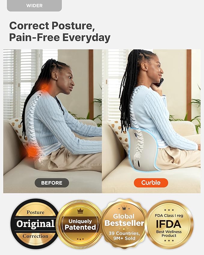 Curble Wider(Standard Wide) – Ergonomic Lower Back Support, Lumbar Support Back Posture Corrector for Low Back Pain Relief, Perfect for Home Office Desk Chair, and Floor Seat, Patented (Black) curble