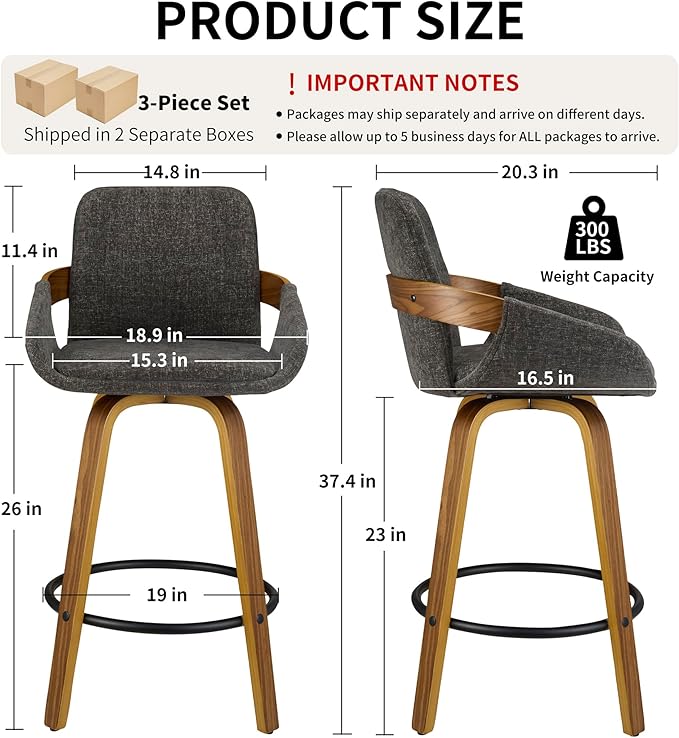 26 inch Modern Bar Stools Set of 3, Walnut Wood and Fabric Bar Chair, 360° Swivel Seat, Stylish and Comfortable Barstool for Kitchen, Bar Counter, Dining Area - Charcoal Grey VipDesk