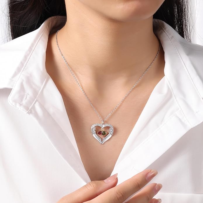 GLAMCARAT Personalized sterling silver pendant necklace with birthstone and name mothers jewelry heart shaped necklace for her birthstone necklace GLAMCARAT