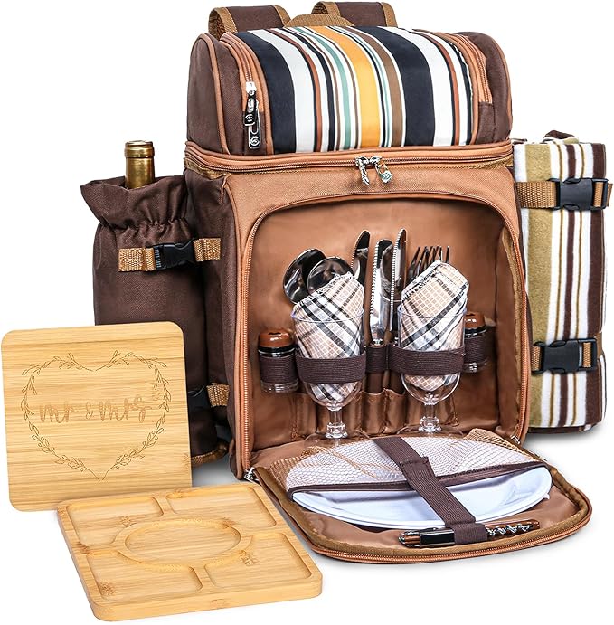 Hap Tim Picnic Basket Backpack for 2 Person with Blanket, 2 Charcuterie Board, Engagement Gifts for Couples, Gifts Ideals for Wedding, Housewarming, White Elephant, Bridal Showers HapTim