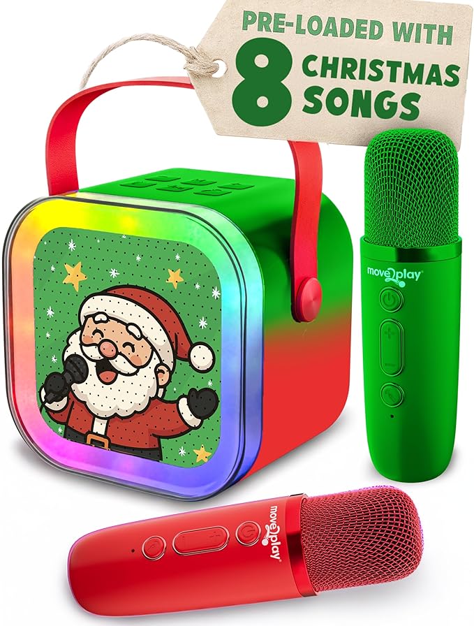 Move2Play, Christmas Karaoke Machine | Includes 8 Christmas Songs | Includes 2 Microphones | Bluetooth Wireless Music Player | Holiday Toy for Girls & Boys | Stocking Stuffer Idea Move2Play