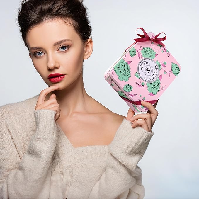 La Chatelaine Rose Hand Cream Trio Tin Gift Set, Ready-To-Gift Tin, Nautral, Made in France with 20% Organic Shea Butter, Nourishing and Moisturizing (Cherry Almond, Pear, Oud Rose) LaChatelaine