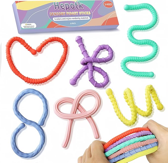 Hepotk Sensory Fidget Sticks - 6PCS Silicone Fidget Toy Pack with Mixed Textures, Random Colors & Styles | Stress Relief Toys for Autistic Kids 3+ & Adults | Must-Have for Travel, School & Home