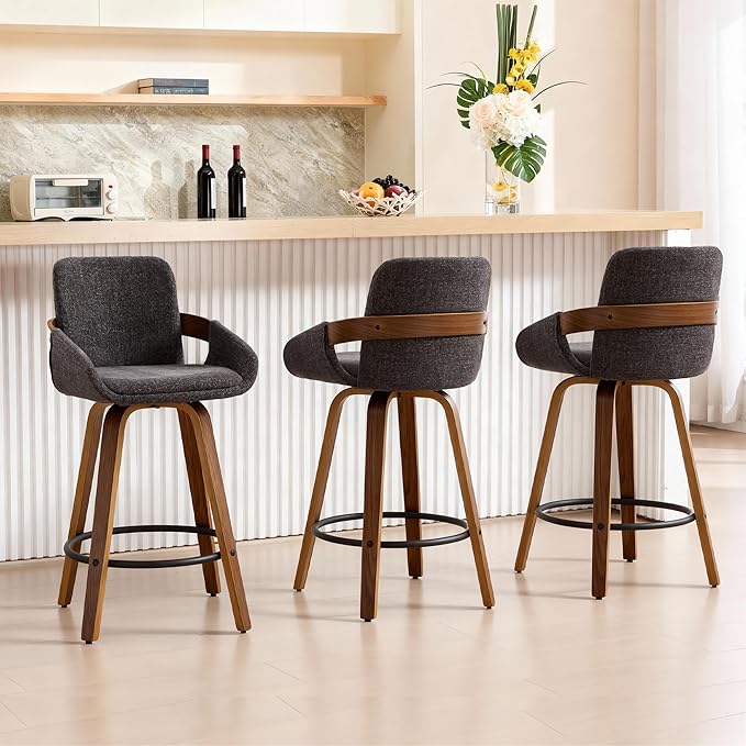 26 inch Modern Bar Stools Set of 3, Walnut Wood and Fabric Bar Chair, 360° Swivel Seat, Stylish and Comfortable Barstool for Kitchen, Bar Counter, Dining Area - Charcoal Grey VipDesk