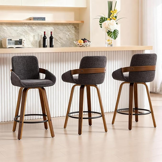 26 inch Modern Bar Stools Set of 3, Walnut Wood and Fabric Bar Chair, 360° Swivel Seat, Stylish and Comfortable Barstool for Kitchen, Bar Counter, Dining Area - Charcoal Grey VipDesk
