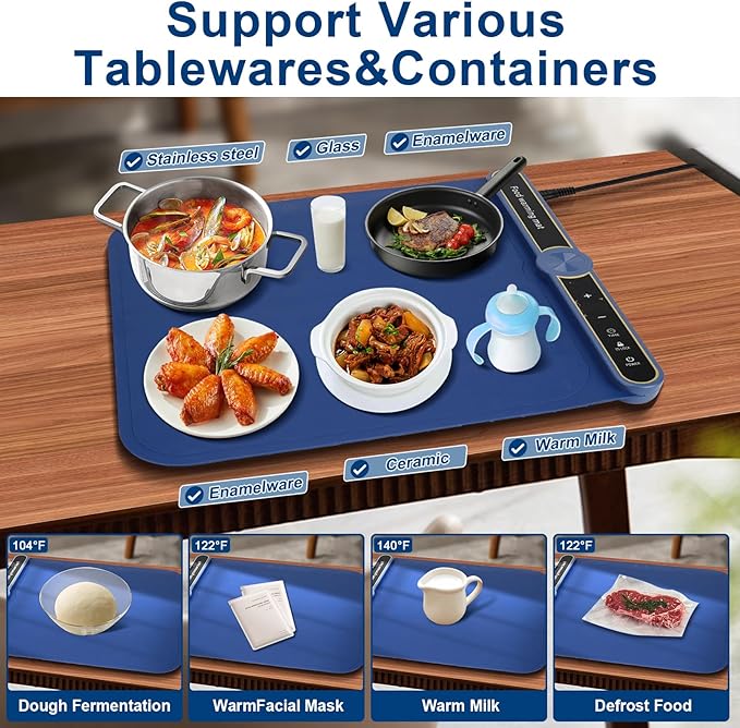 Warming Mat for Food -Food Warmers for Parties Buffet, Electric Warming Tray Full Surface Even Heating with 9-Level Temp Adjustable & 6H Auto Timer, Roll-Up Silicone Heating Pad for Home Travel (Blue) Sweetone