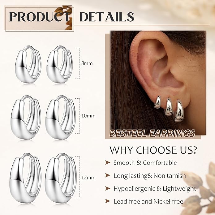 BESTEEL 3Pairs 14K Gold Plated Hoop Earrings Set for Women Chunky Earring Silver Plated Hypoallergenic Small Huggie Hoops Lightweight Tiny Thick Trendy Hoop Earrings Stacks for Multiple Piercing BESTEEL